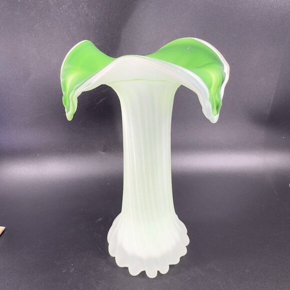 1970s Frosted Green Leaf Shaped Top Glass Vase Vessel Jack In The Pulpit Vintage - Picture 12 of 16